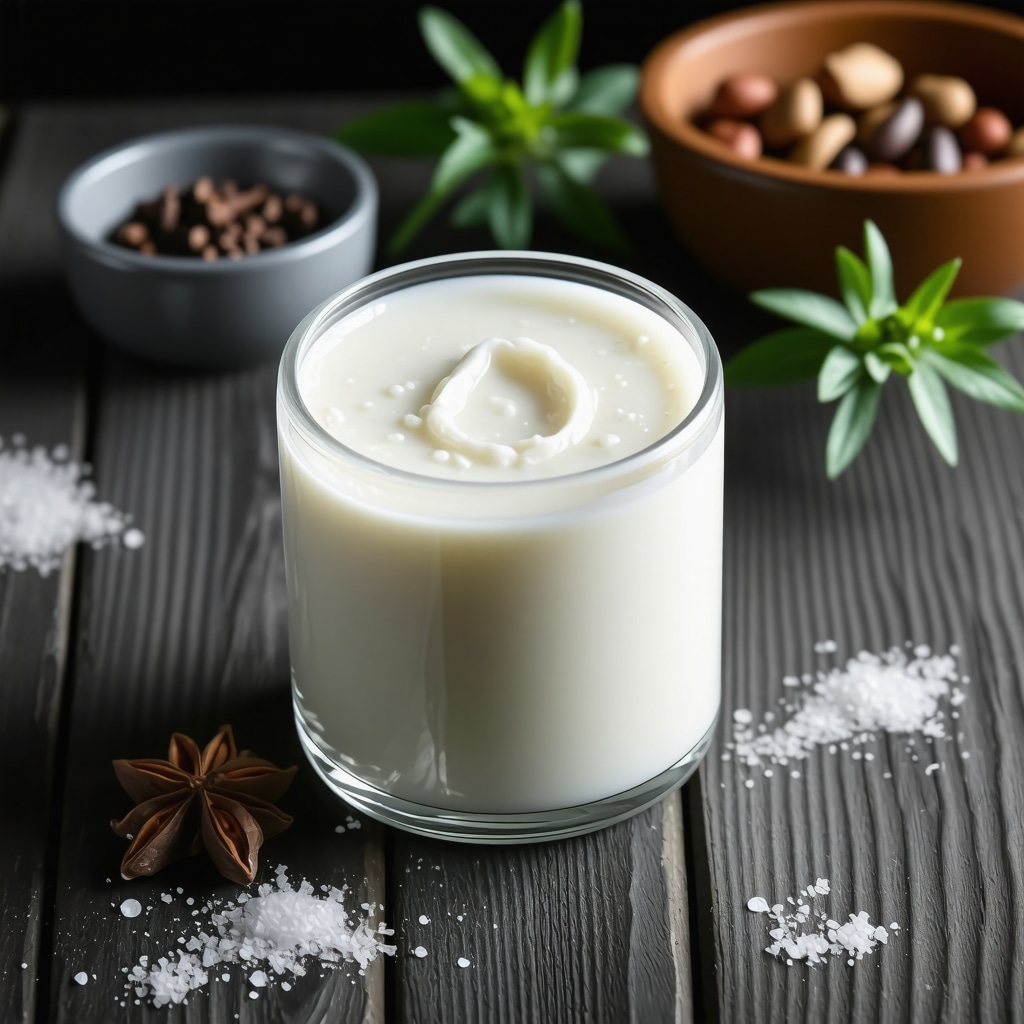 Jar of homemade tallow face cream with herbs and natural ingredients on rustic background