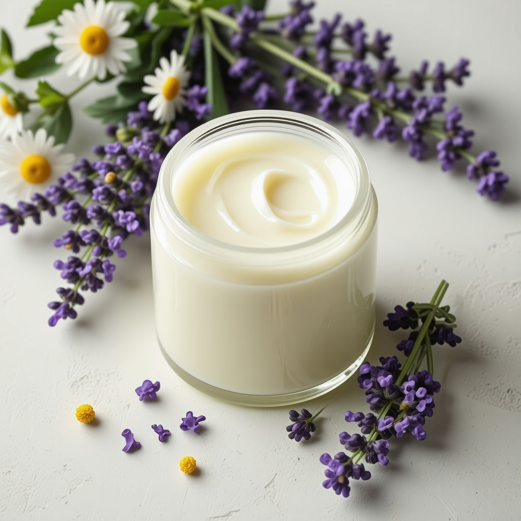A jar of homemade tallow cream infused with lavender and chamomile, natural skincare