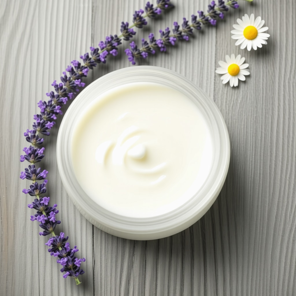 Jar of natural tallow cream infused with lavender and chamomile on a wooden table