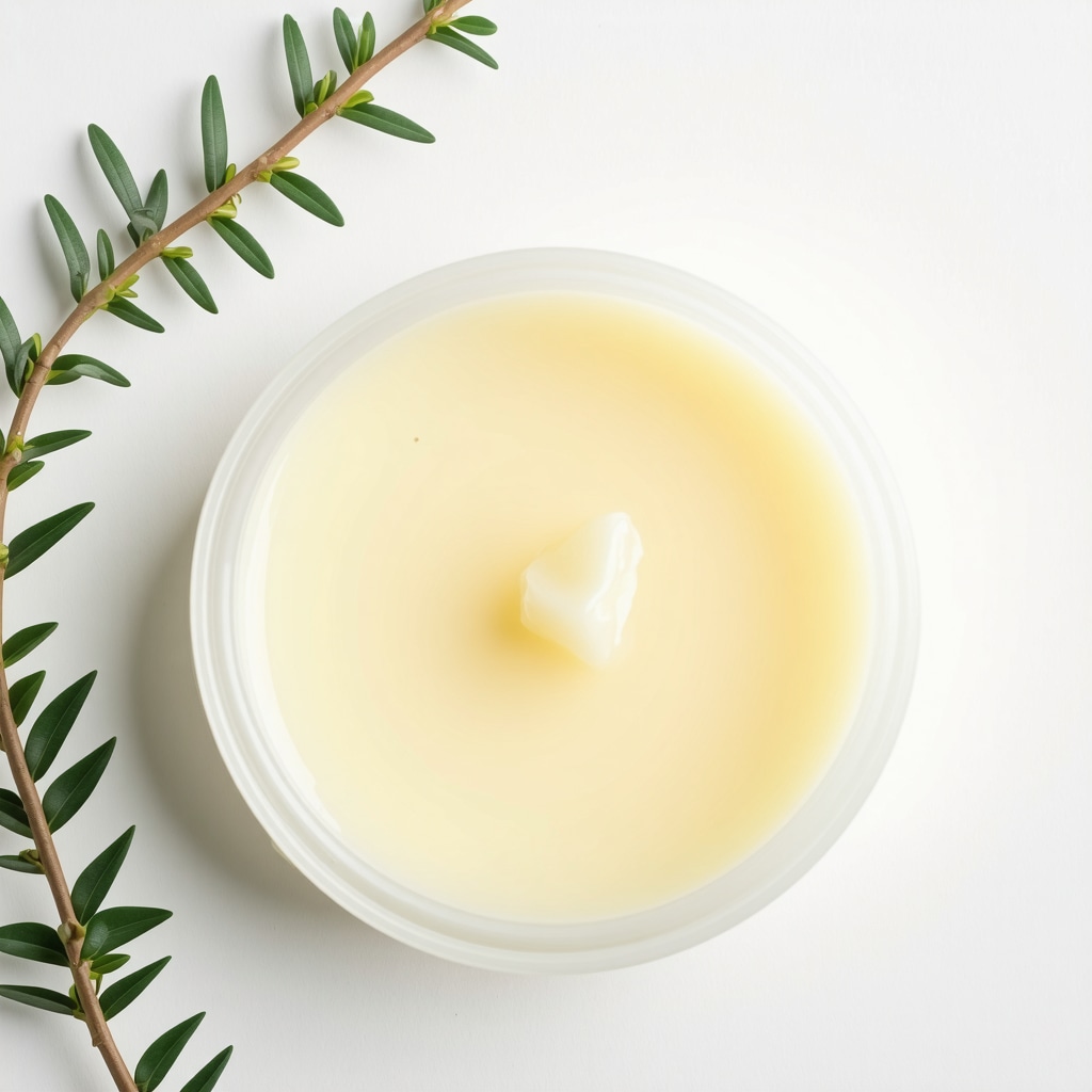 Close-up of a natural skincare balm with tallow and lanolin ingredients, minimalist style.