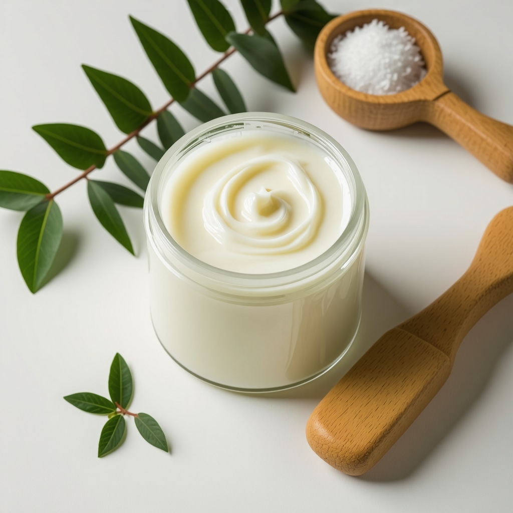 Jar of whipped tallow moisturizer with natural ingredients and skincare tools