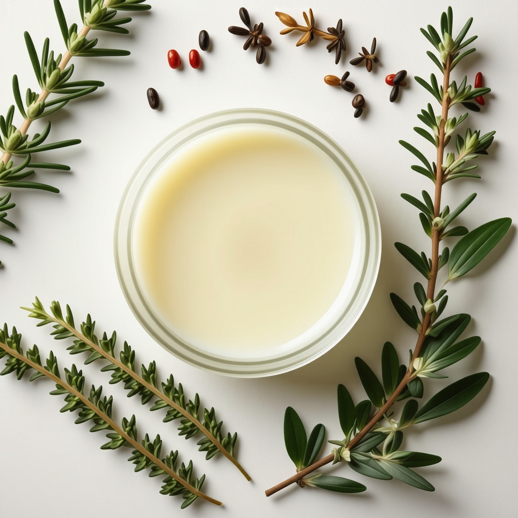 A jar of grass-fed beef tallow infused with herbs on a skincare shelf.