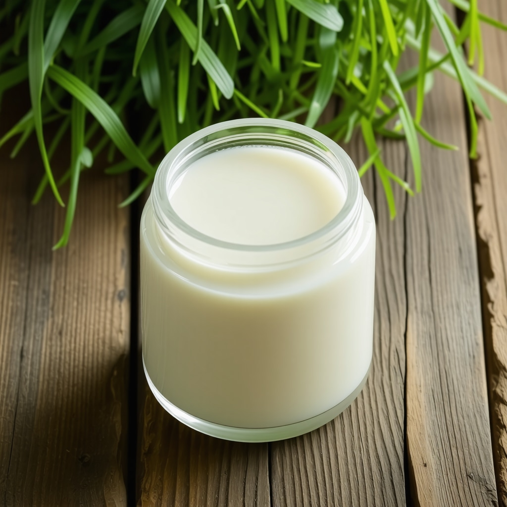 Close-up of creamy low PUFA tallow cream in a jar placed on wood, surrounded by green grass
