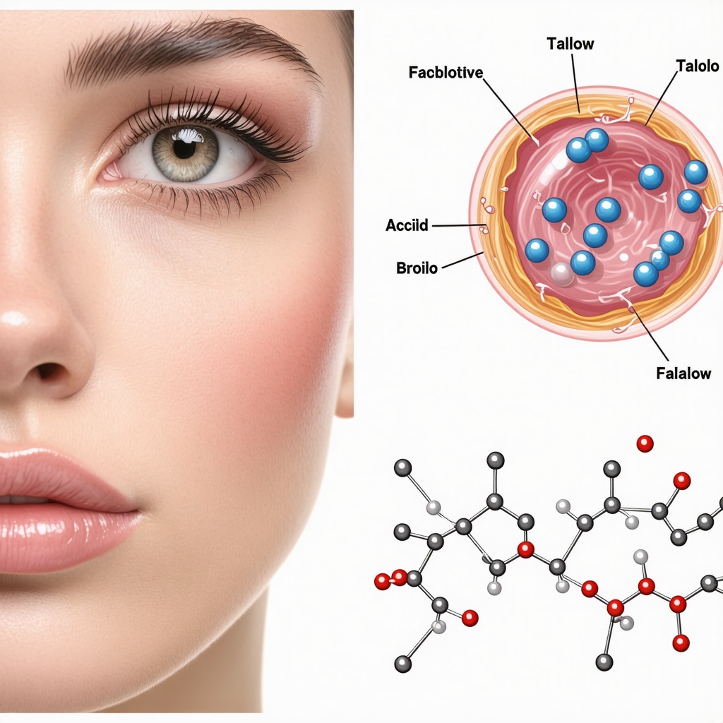 Scientific diagram of lipidomic skin profiling with organic tallow fatty acids and nanotechnology delivery systems