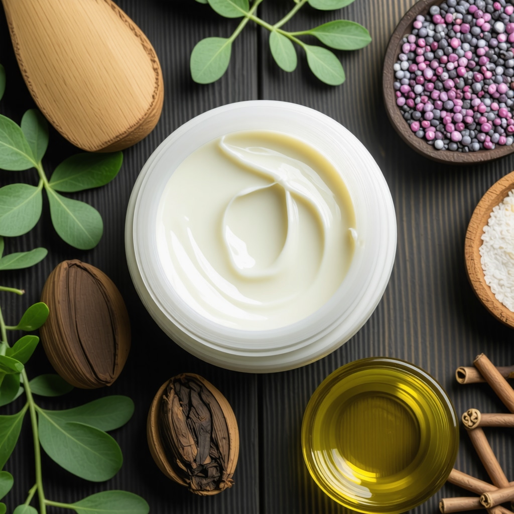 Jar of tallow cream with natural botanicals and sustainable farming symbols