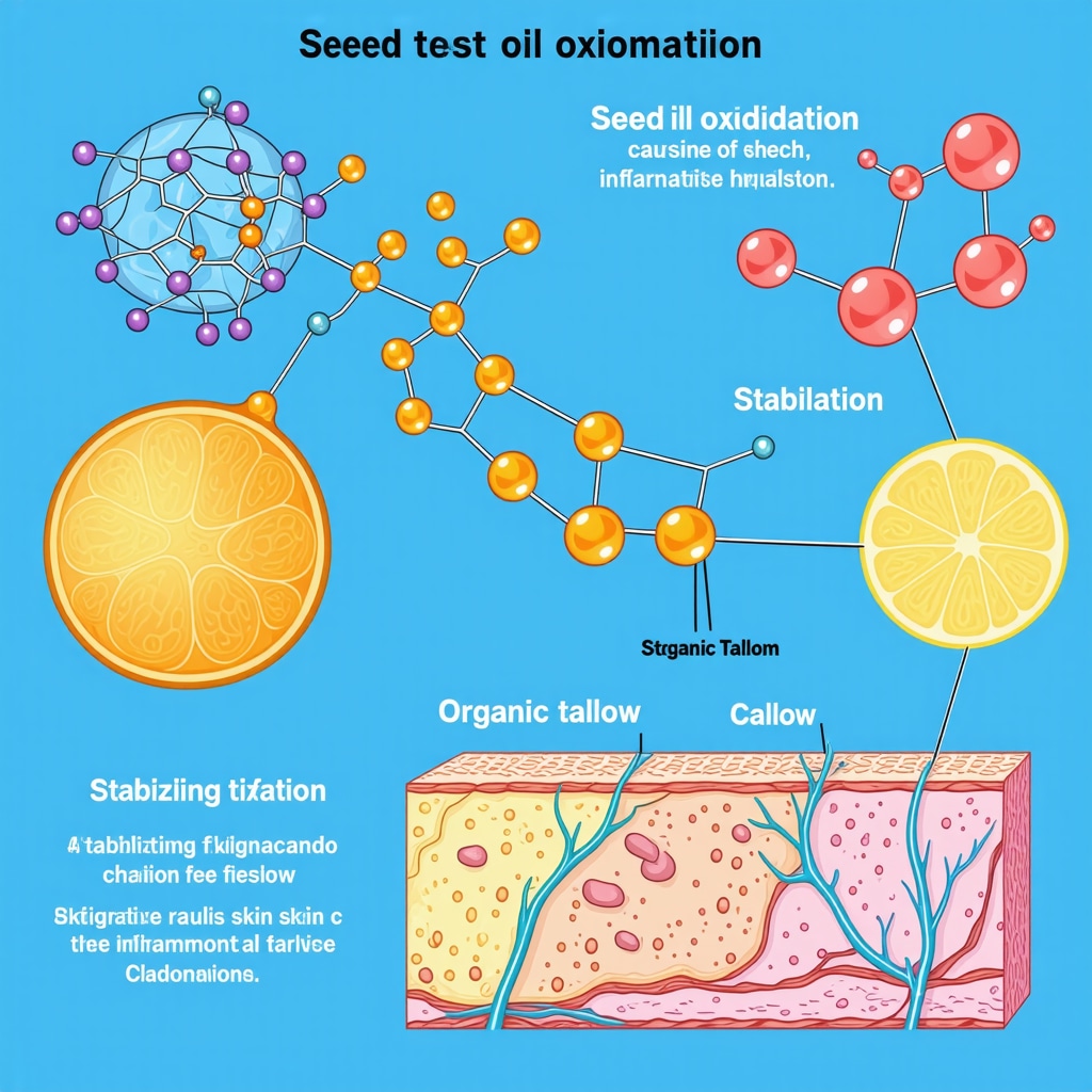 Infographic showing seed oil oxidation producing reactive oxygen species and inflammation contrasted with organic tallow's protective effects on skin cells