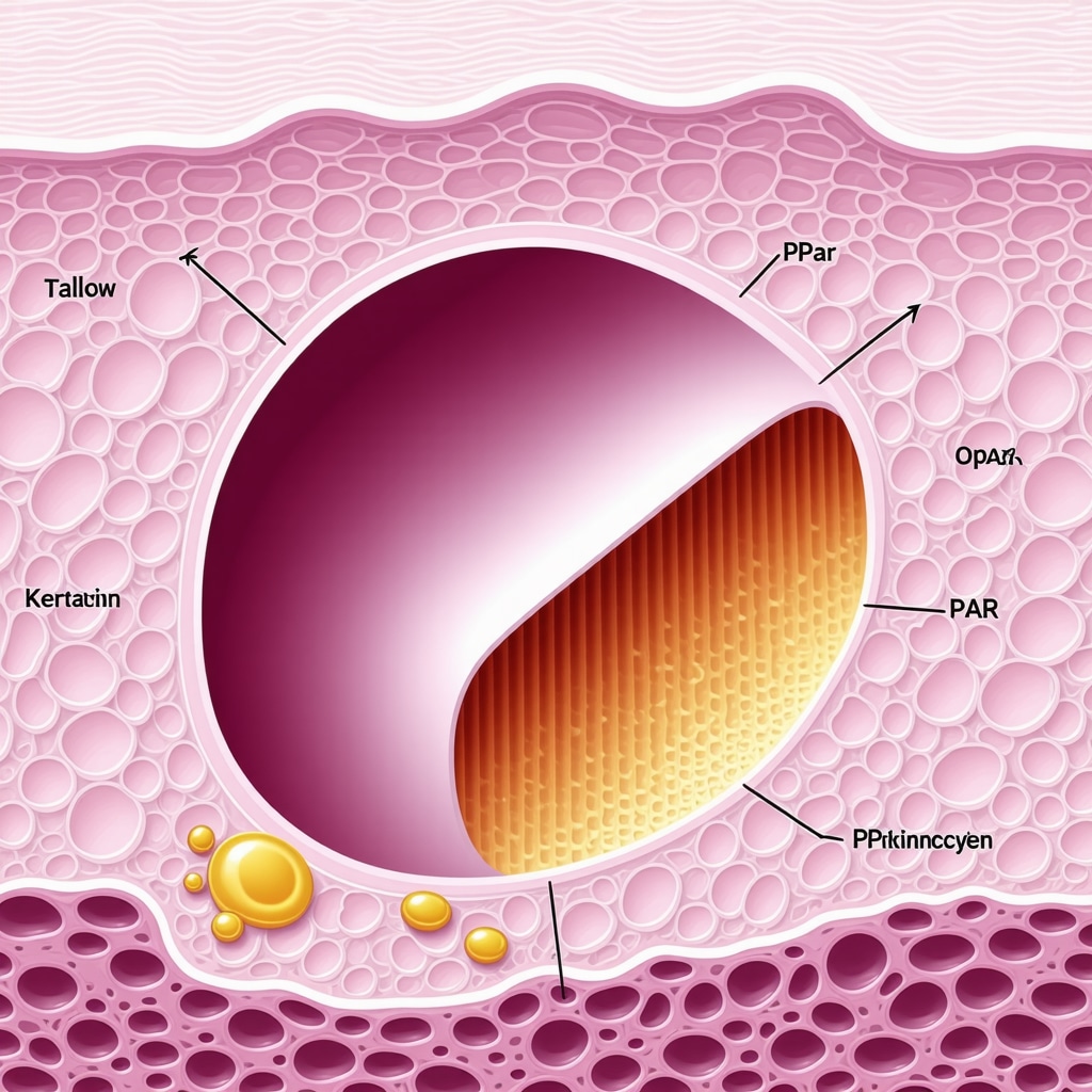 Scientific illustration of beef tallow lipid molecules interacting with keratinocyte receptors and promoting skin barrier repair