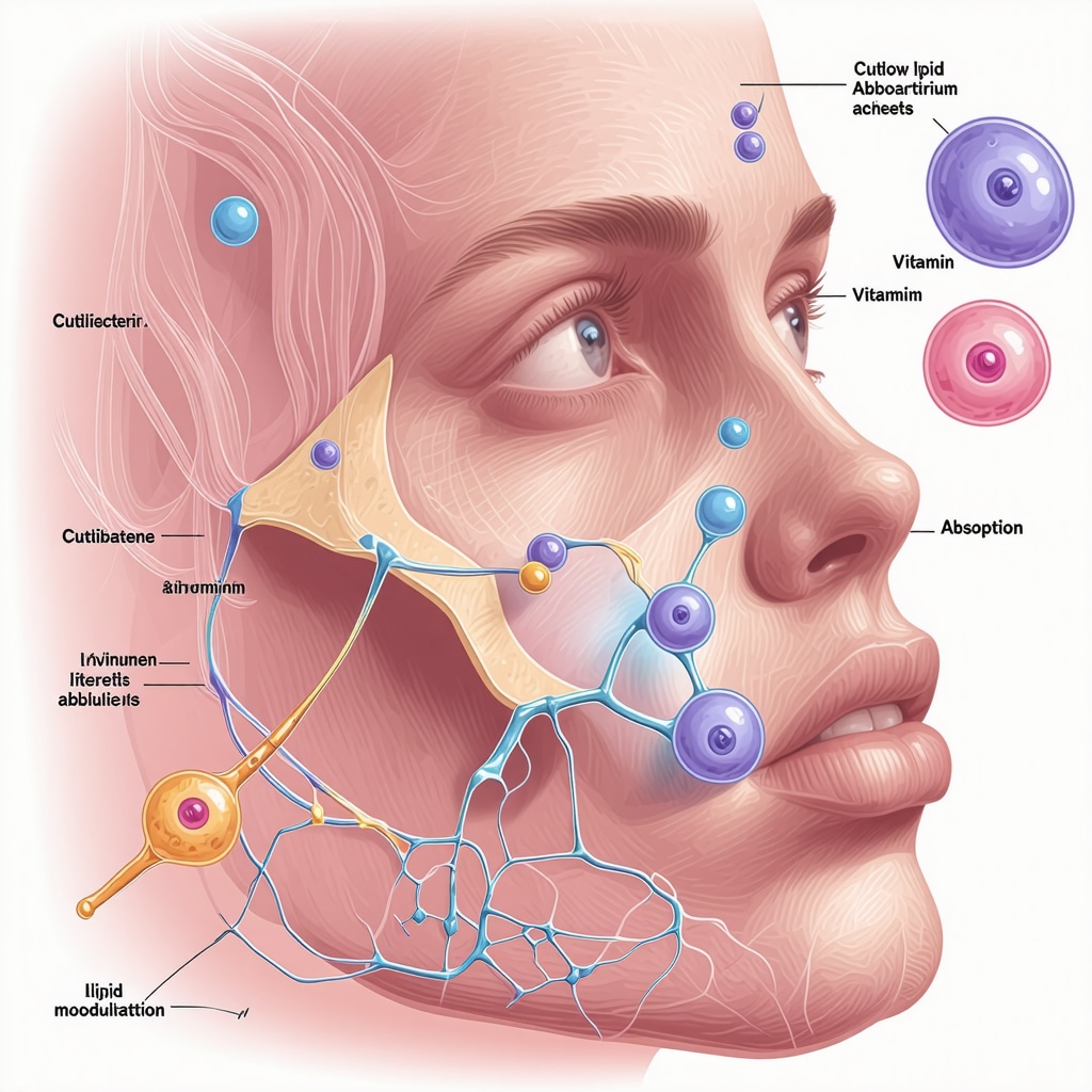 Scientific illustration of tallow lipid molecules interacting with skin microbiome and skin barrier cells