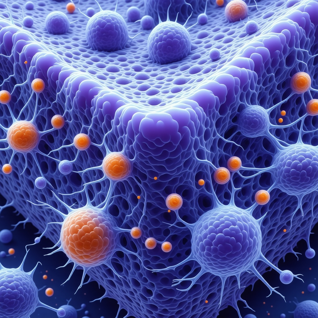 Illustration of tallow lipid molecules, skin cells, and microbiome with nanotechnology delivery systems