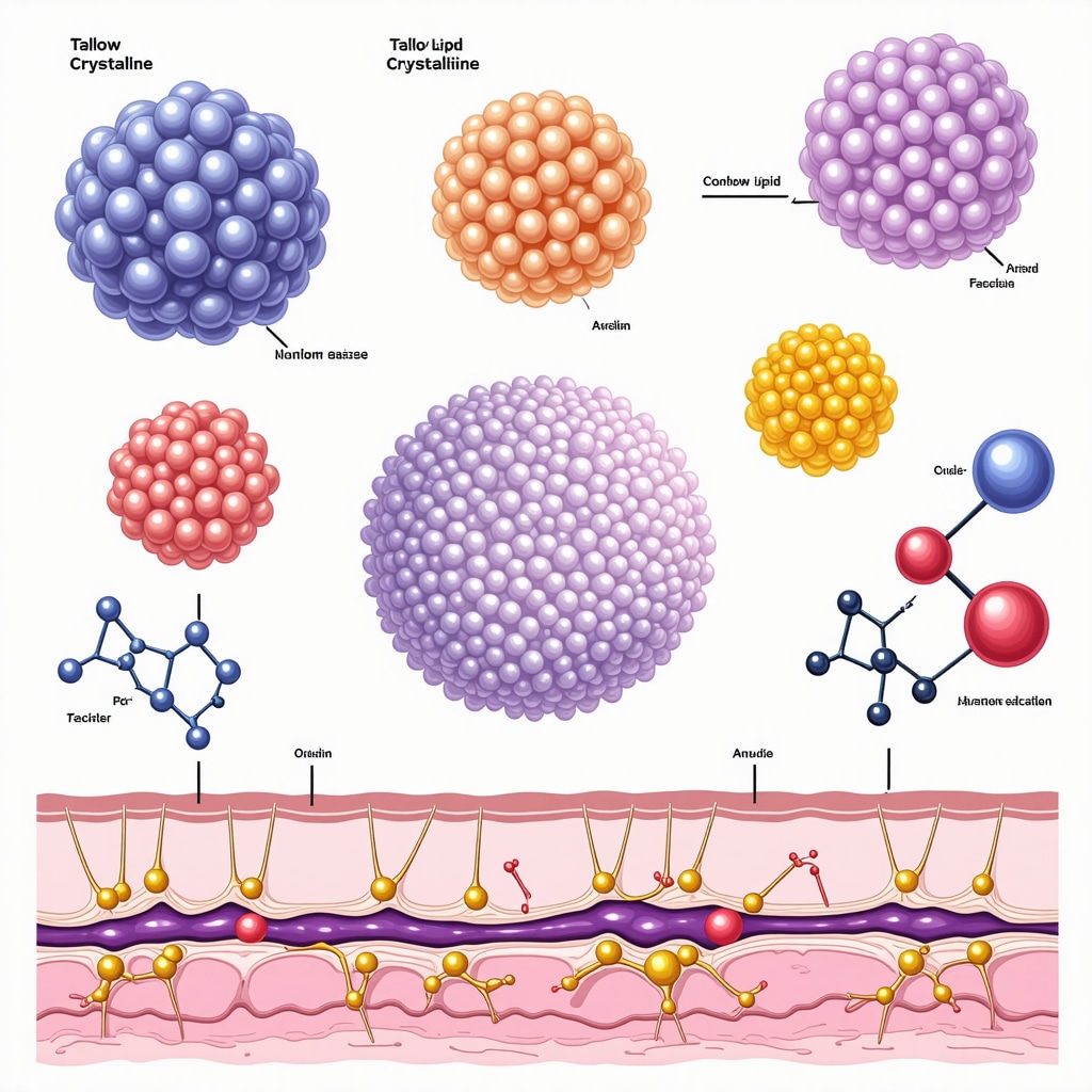 Illustration of lipid crystals and nanoparticles in tallow cream interacting with skin layers