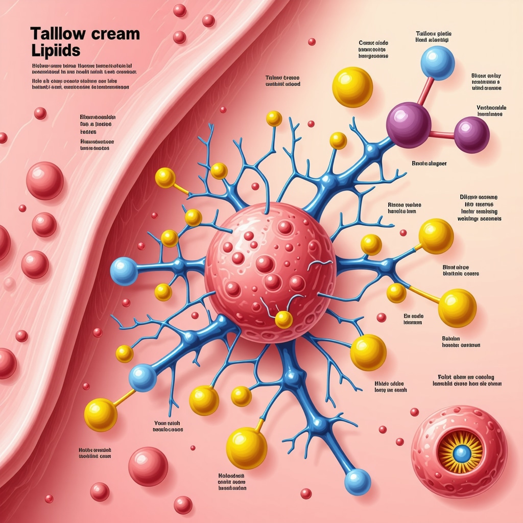 Infographic showing tallow cream's fatty acids and vitamins integrating with skin cells for enhanced barrier repair