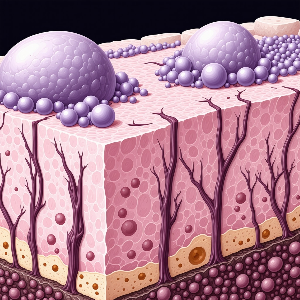 Scientific diagram showing nano-encapsulation of tallow lipids penetrating skin and modulating microbiome
