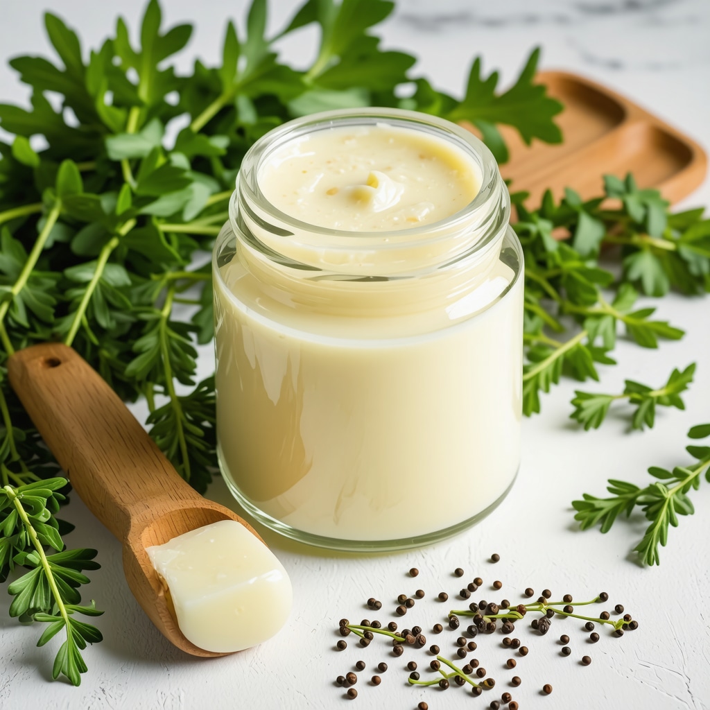 Jar of grass-fed beef tallow with herbs and a scoop on rustic background.