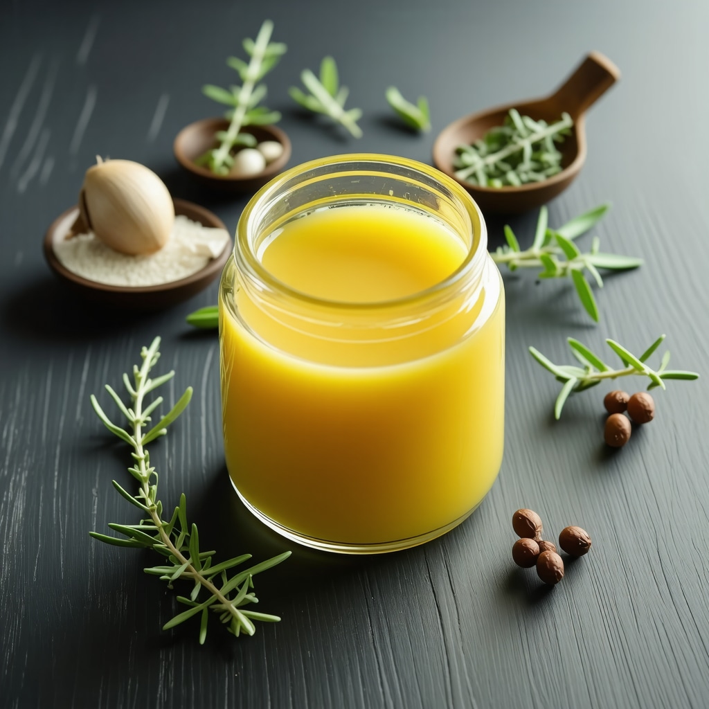 Close-up of grass-fed beef tallow in a jar with natural ingredients, vibrant and detailed.