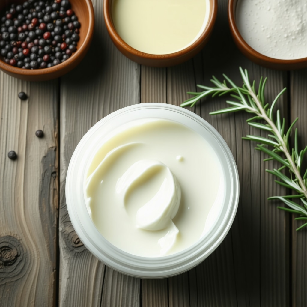 A jar of whipped grass-fed beef tallow cream with herbs and oils around it, emphasizing purity and natural ingredients