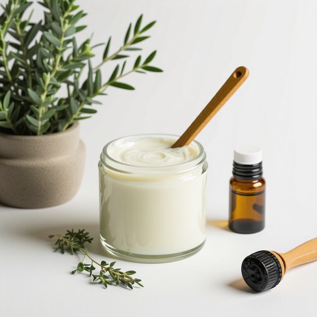 A minimalistic skincare setup featuring whipped grass-fed tallow and essential oils for natural skin nourishment.