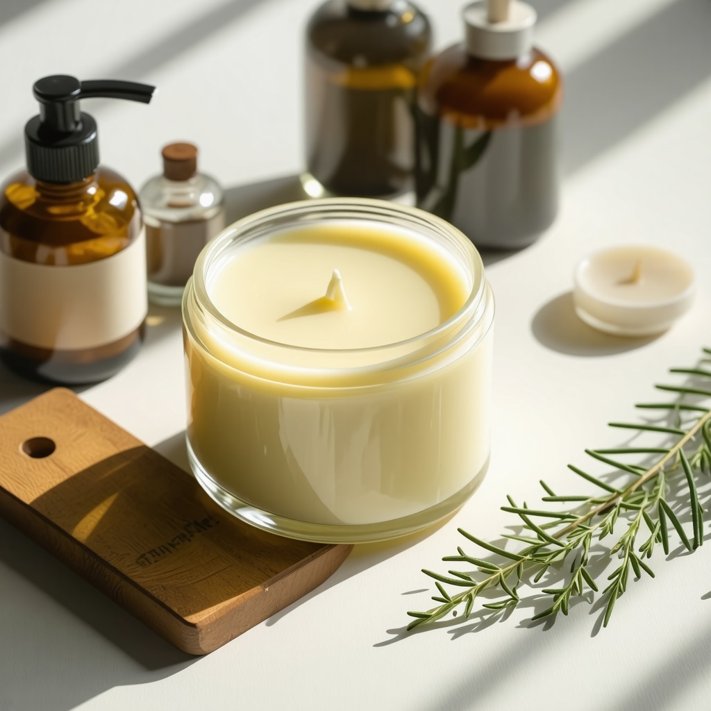 Jar of organic grass-fed tallow with skincare products on a wooden surface