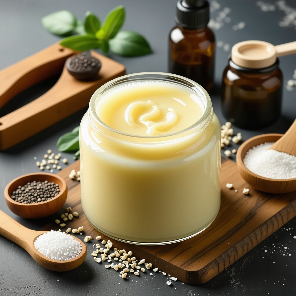 Jar of organic grass-fed beef tallow with natural ingredients and skincare tools.