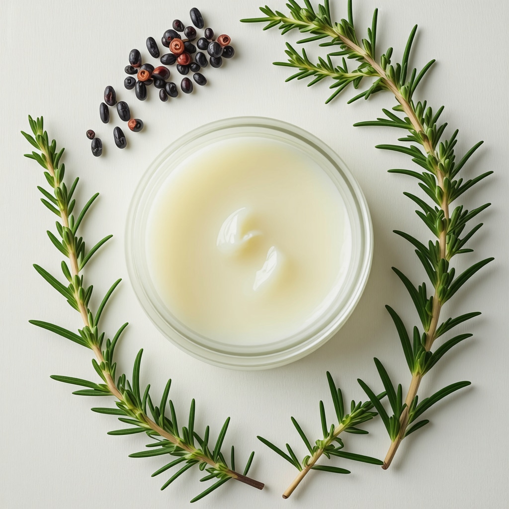 Jar of grass-fed tallow surrounded by herbs and botanicals in natural setting