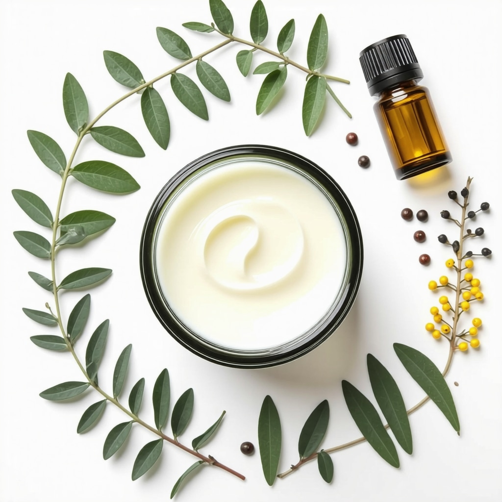Close-up of a jar of homemade tallow cream with herbs and essential oils, emphasizing natural ingredients.