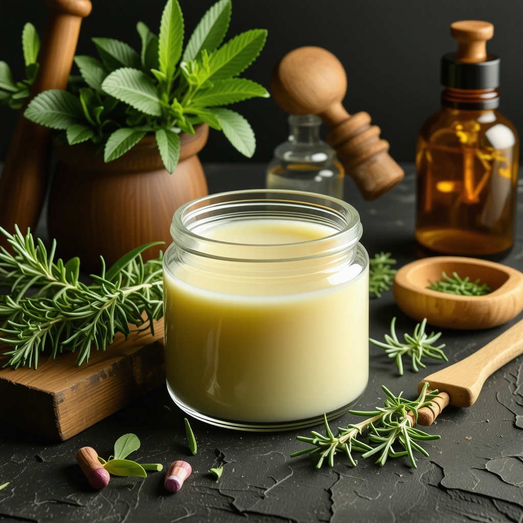 Jar of grass-fed beef tallow with herbs and skincare setup