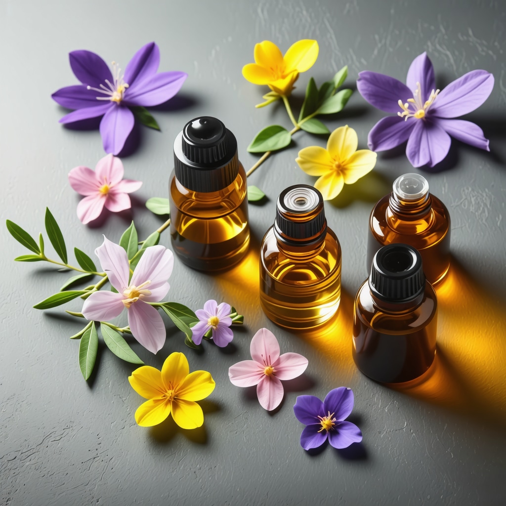 Assorted natural oils and botanical extracts for skincare preparation.