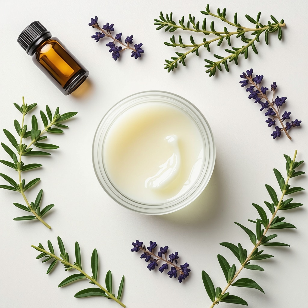 A jar of homemade tallow balm with herbs and essential oils on a wooden surface, illustrating holistic skincare approach.