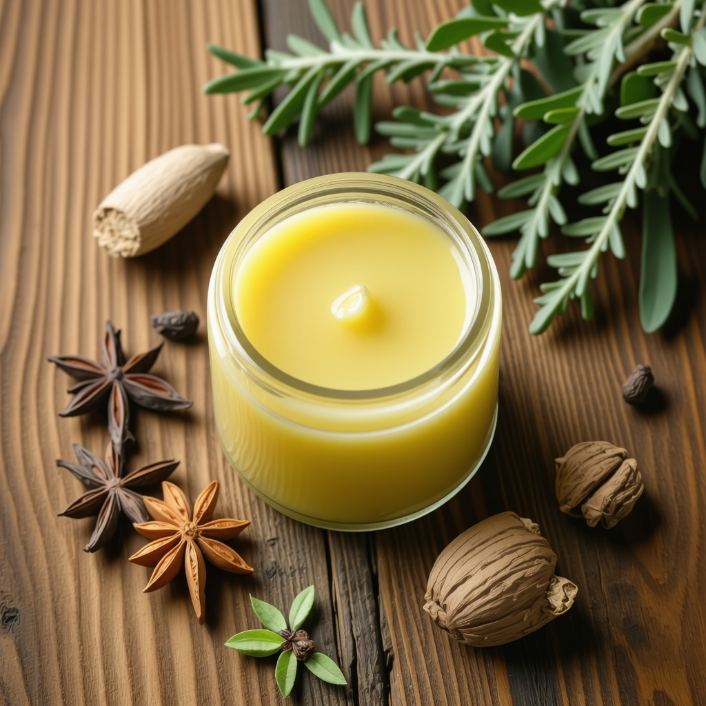 Jar of homemade tallow balm with herbs on a wooden table