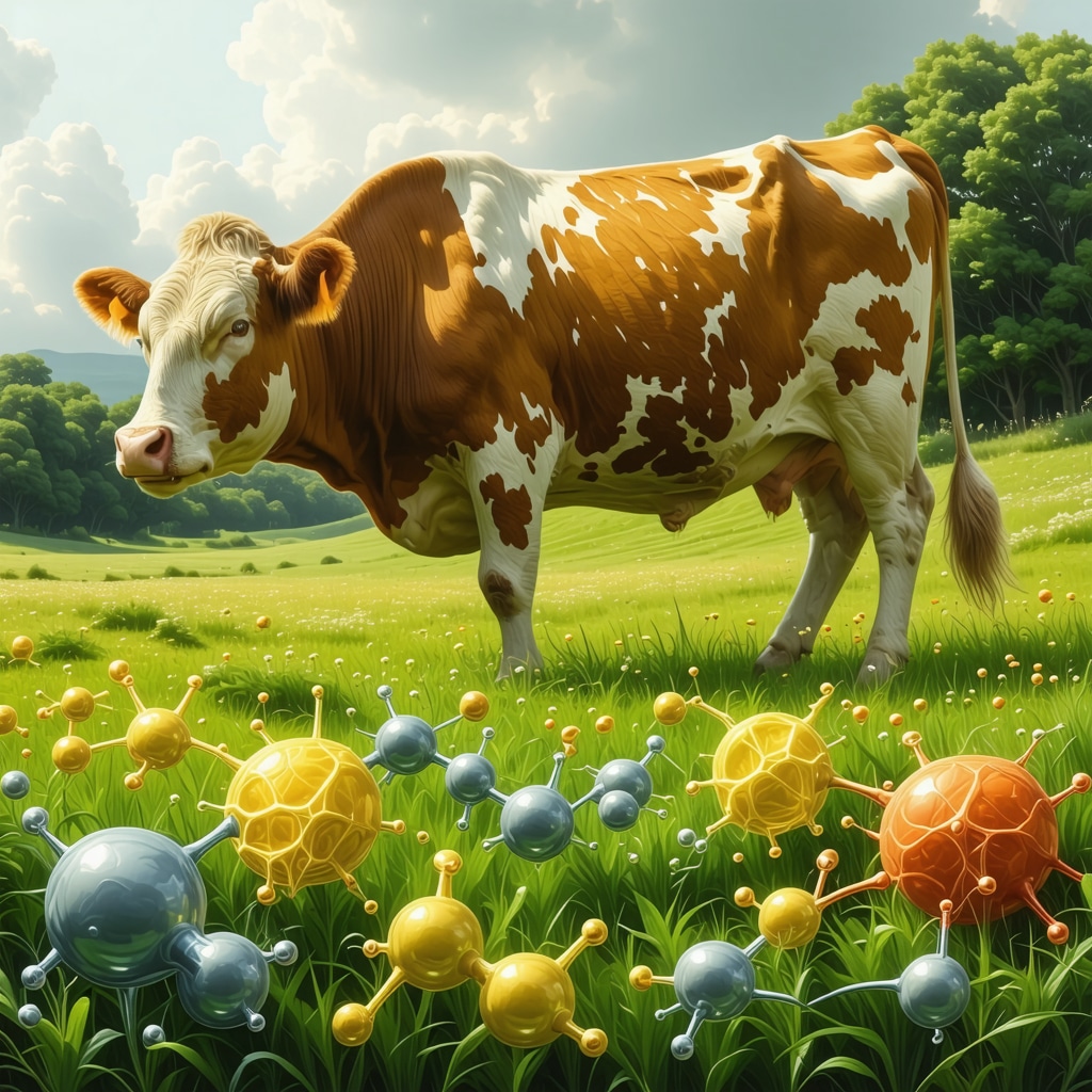 Illustration showing grass-fed cattle and nutrient molecules in fat
