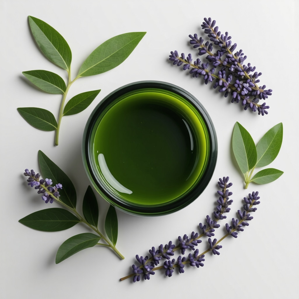 Jar of organic beef tallow cream with green tea leaves and lavender surrounding it on a wooden surface