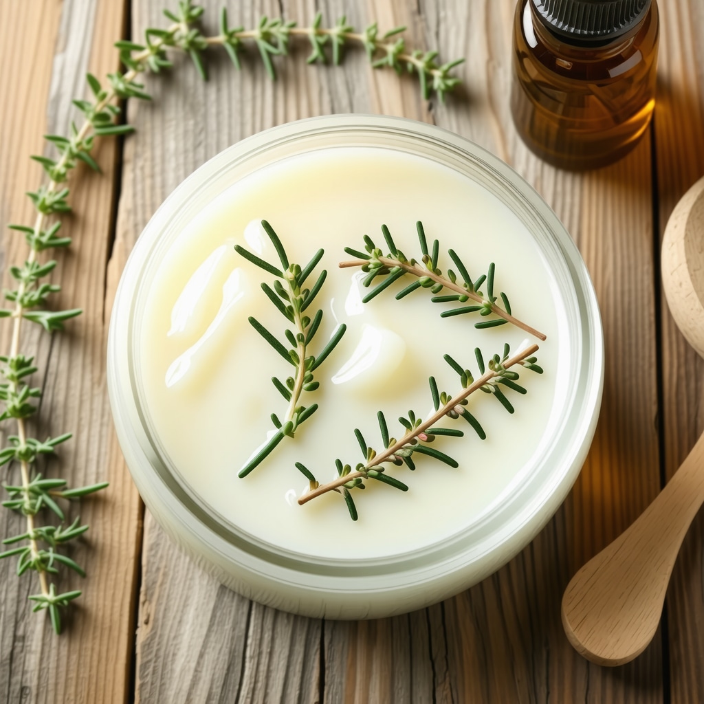 Jar of grass-fed beef tallow with herbs and oils on wooden background.