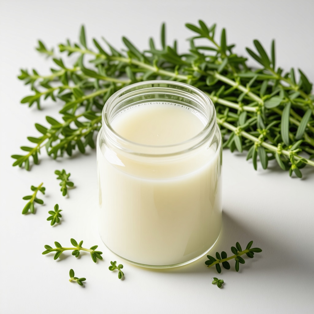 Close-up of beef tallow with herbs in a glass jar, emphasizing purity and natural sourcing