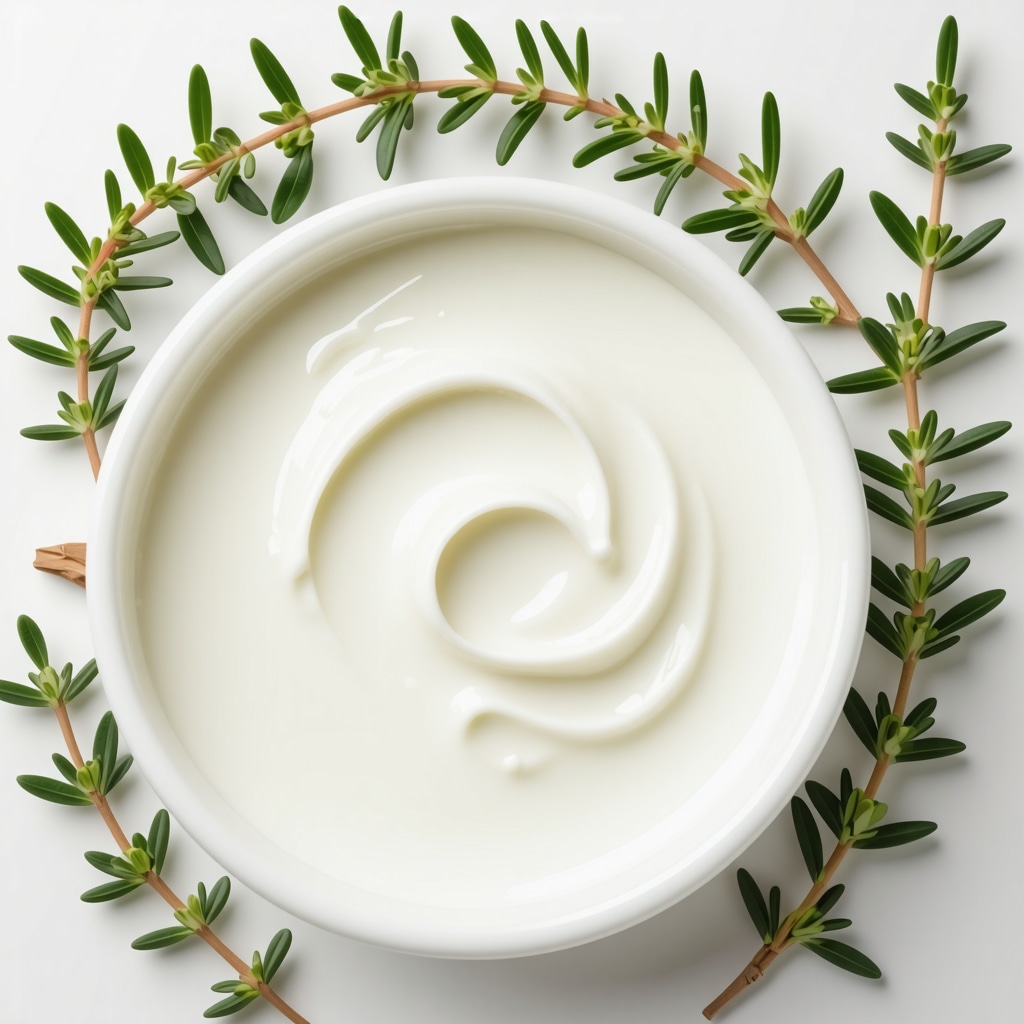 Close-up image of organic grass-fed tallow cream with essential oils and herbs for sensitive skin care