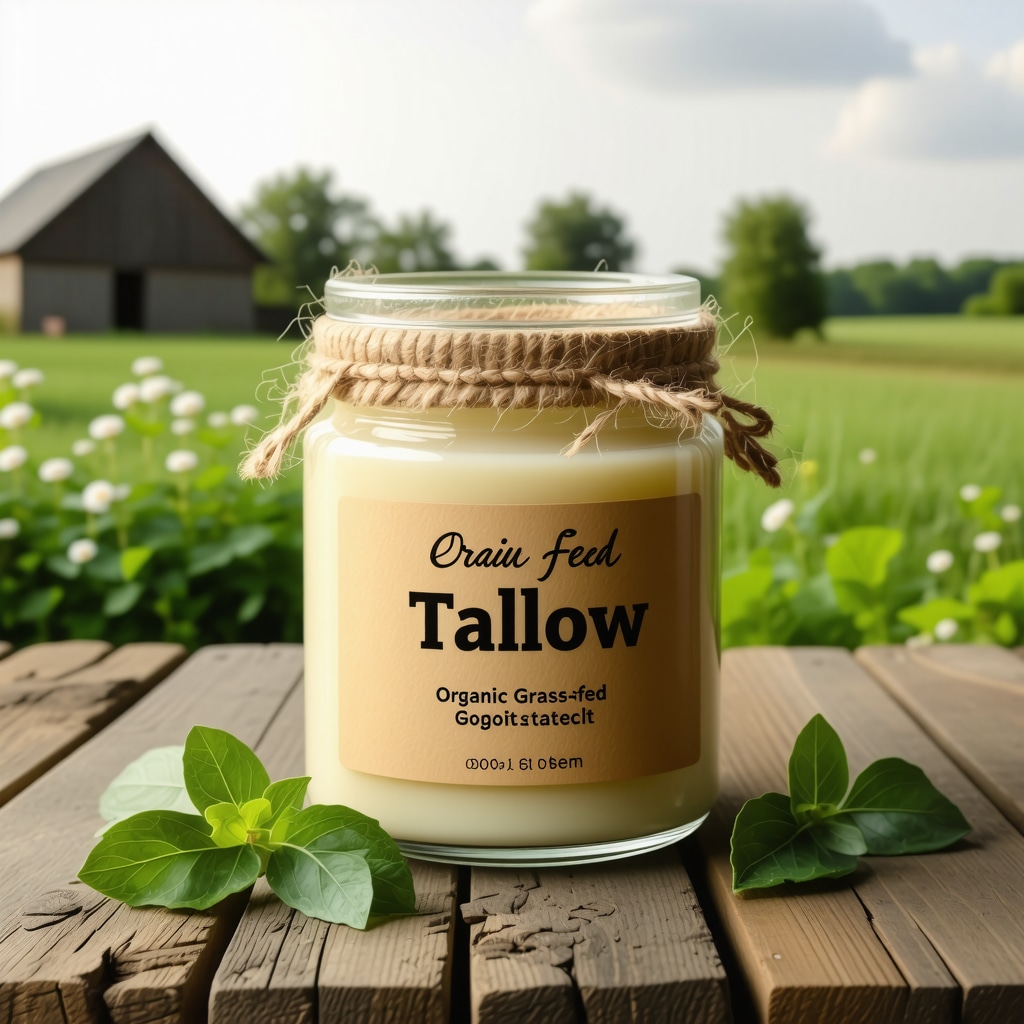 Jar of organic grass-fed tallow with farm background