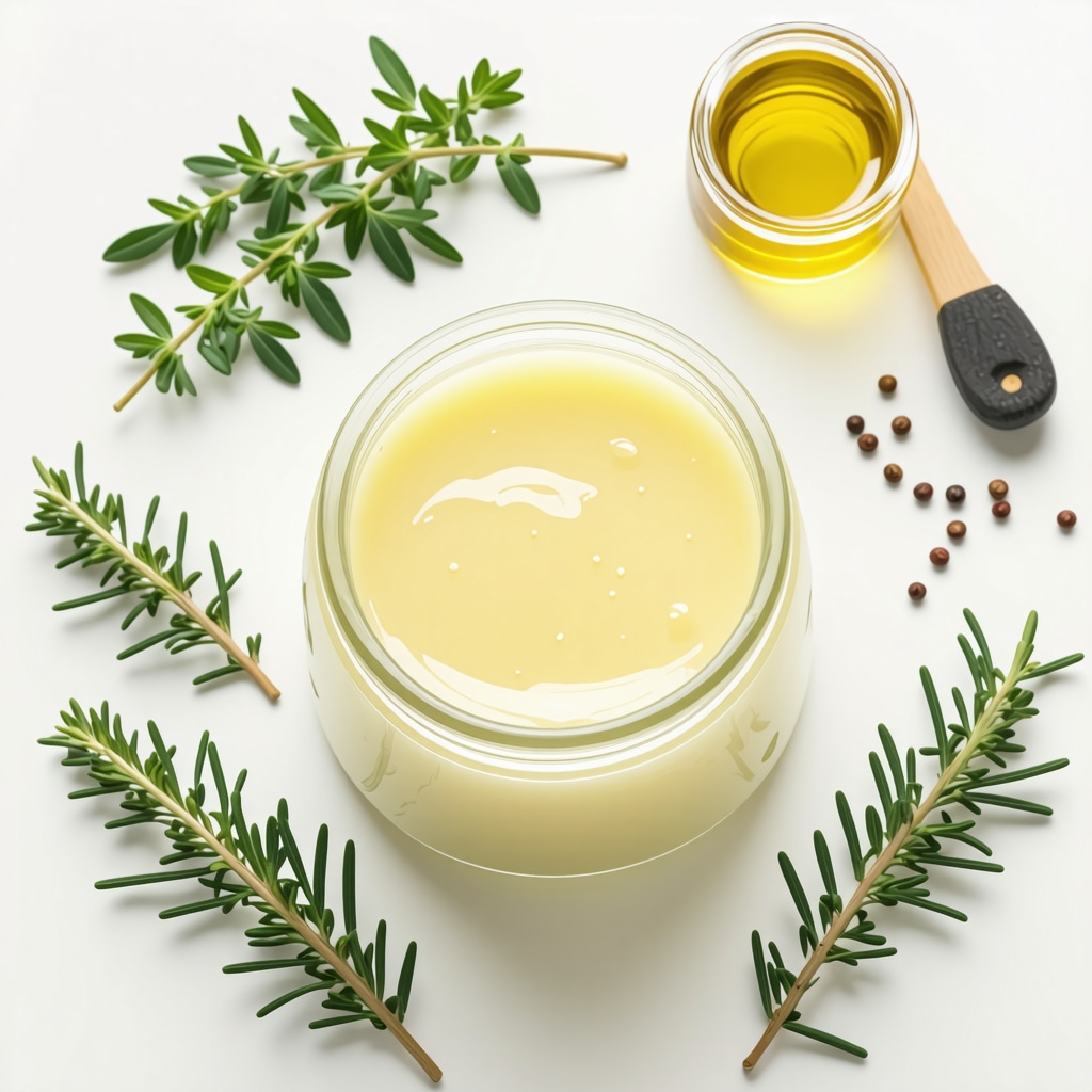 Close-up of grass-fed beef tallow in a jar with herbs and oils, natural setting