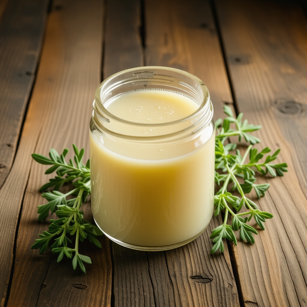 Jar of organic grass-fed beef tallow with herbs on wooden table