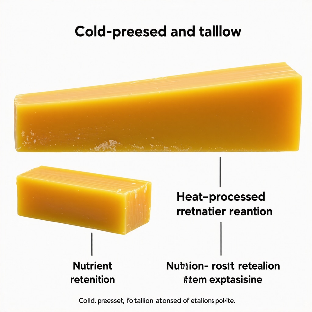 Illustration of nutrient preservation in cold-pressed versus heat-processed tallow