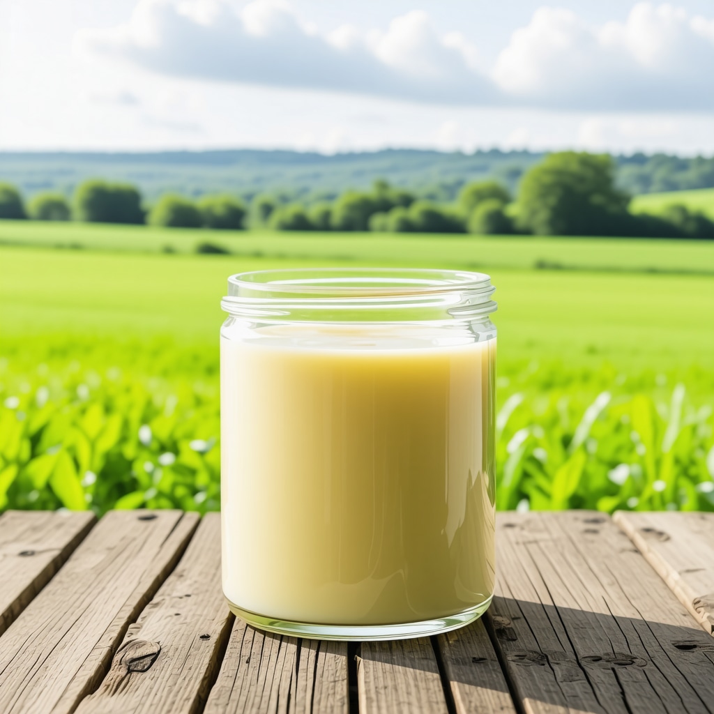Jar of grass-fed beef tallow with lush green pastures in the background.