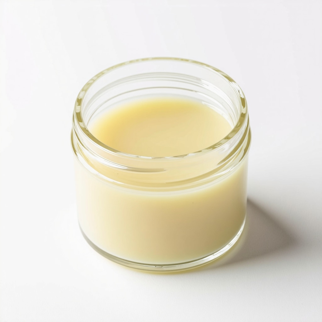 Close-up of grass-fed beef tallow in a glass jar, highlighting its natural texture and purity.