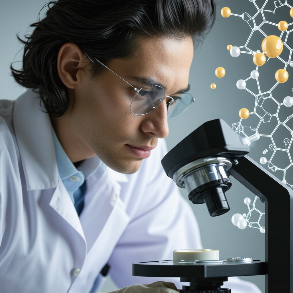 Scientist analyzing organic tallow cream showing molecular fatty acid structures and skin interaction