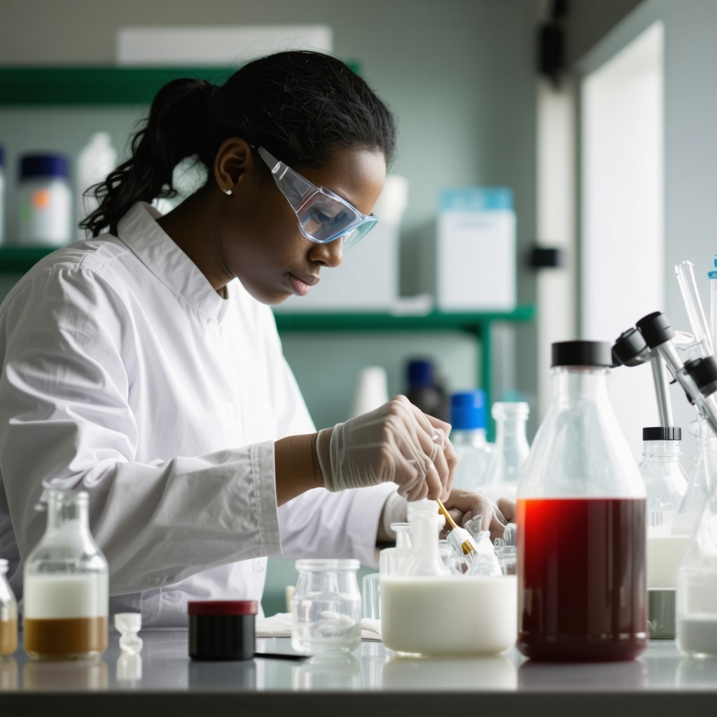 A scientist blending natural skincare ingredients in a lab