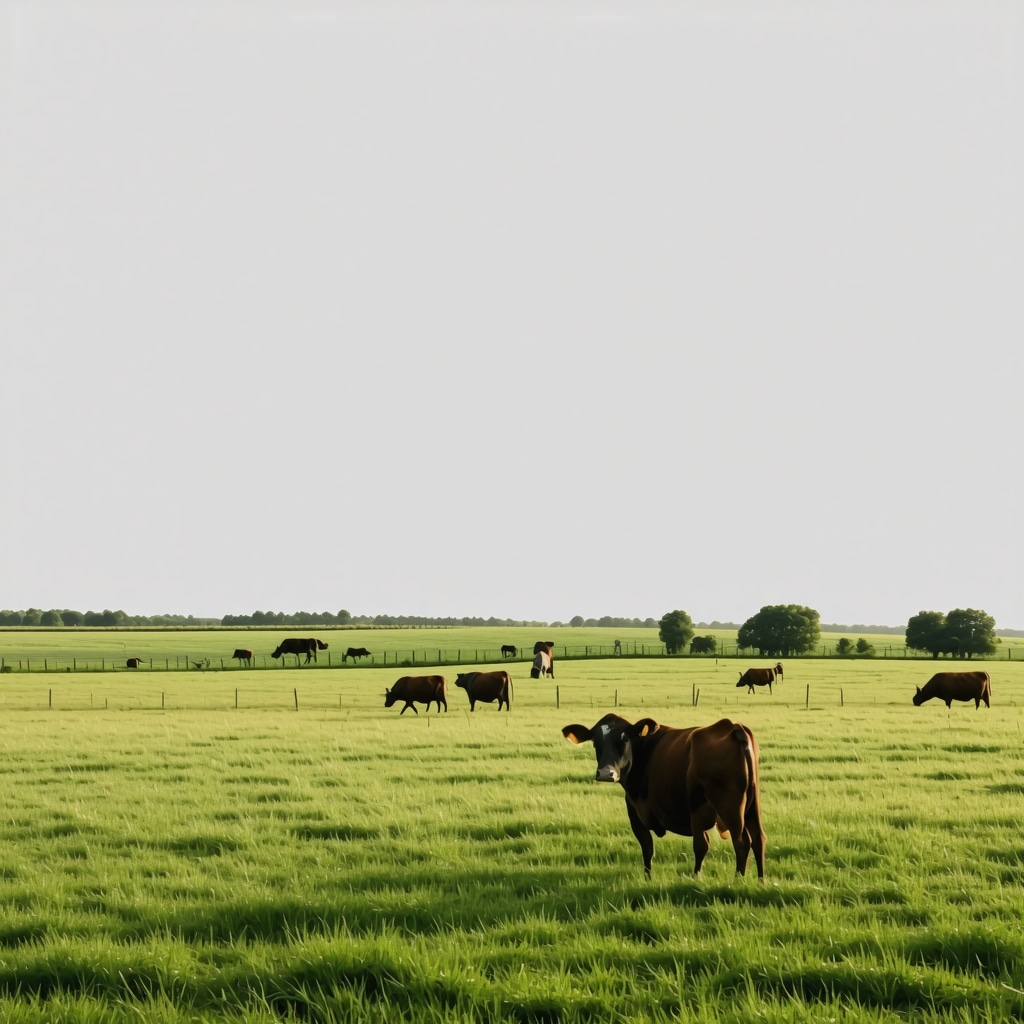 A peaceful farm scene showing grass-fed cattle grazing in a lush field