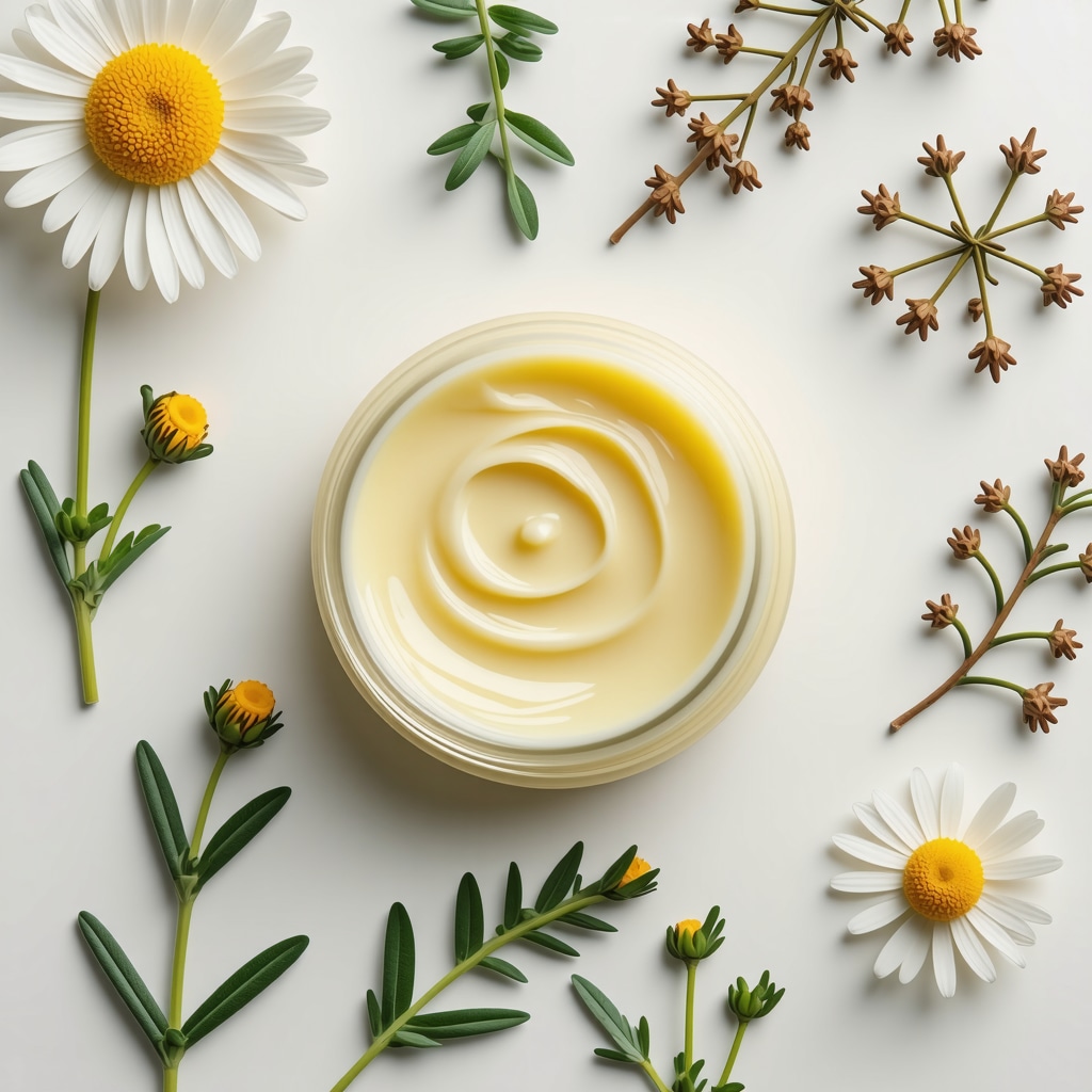 Creamy whipped beef tallow balm with chamomile and calendula flowers