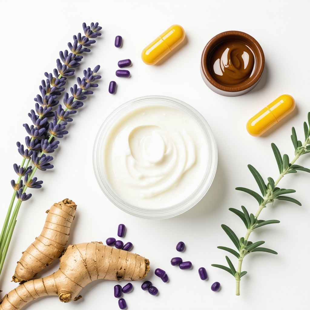 Jar of whipped grass-fed beef tallow cream with lavender, ashwagandha, and vitamin E capsules on a linen surface