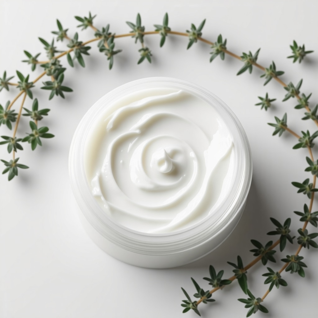 A jar of whipped grass-fed tallow cream surrounded by herbs and oils