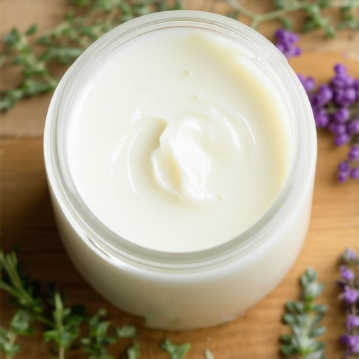 A handcrafted jar of tallow-based skincare with herbs and natural ingredients on a wooden surface.