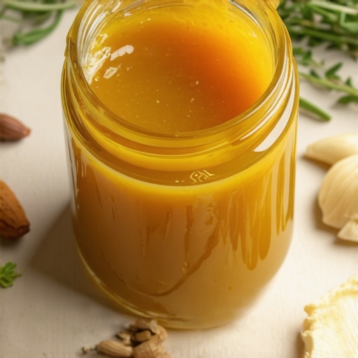 Jar of organic beef tallow with herbal ingredients on a natural wooden surface