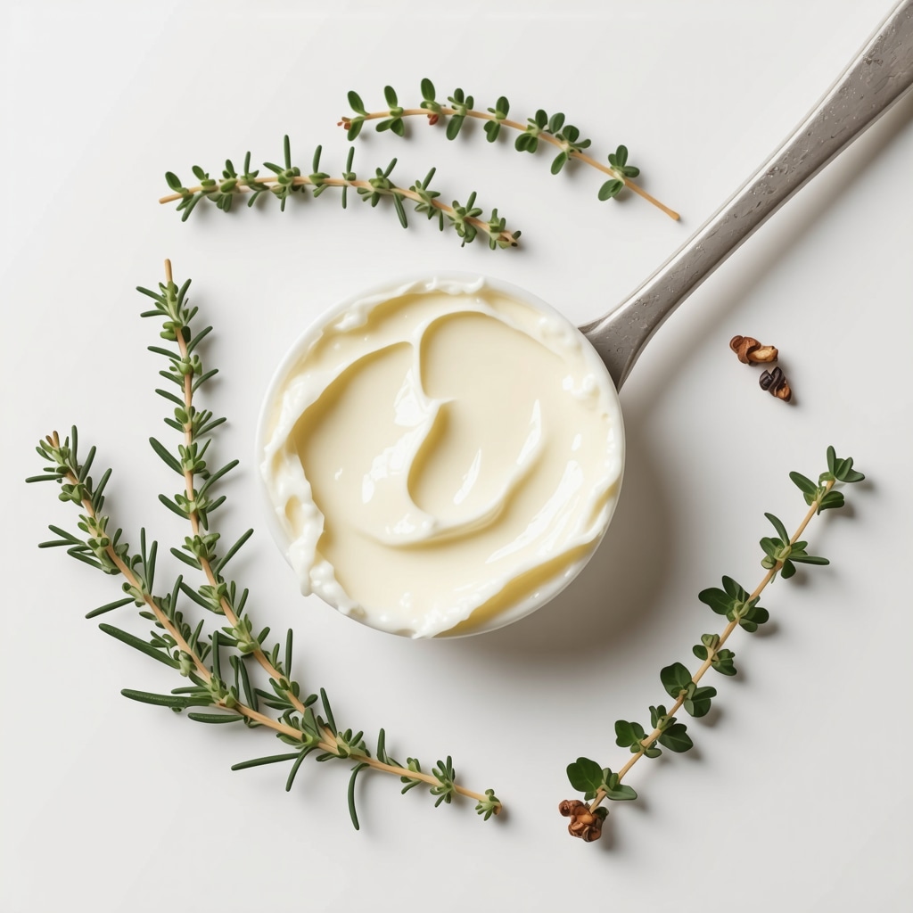 Close-up of whipped beef tallow infused with herbs, showcasing its smooth, nourishing texture