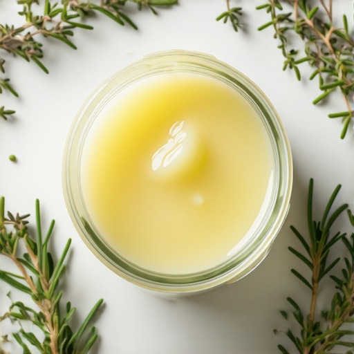 Jar of organic grass-fed beef tallow surrounded by herbs on a natural background