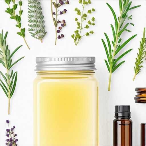 A jar of organic grass-fed beef tallow surrounded by natural herbs and oils